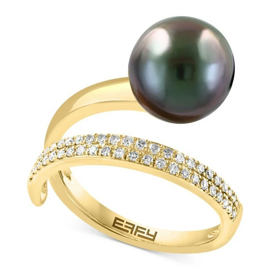 Brand new 🥰 EFFY Collection EFFY® Tahitian Pearl (10mm) & Diamond (1/5 Ct. T.w.) Wrap Ring In 14k Gold Yellow Gold 💯