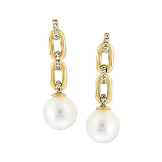 Brand new 🎁 EFFY Collection EFFY® Cultured Freshwater Pearl (8mm) & Diamond (1/10 Ct. T.w.) Link Drop Earrings In 14k Gold 14k Yellow Gold ❤️ - Image 3