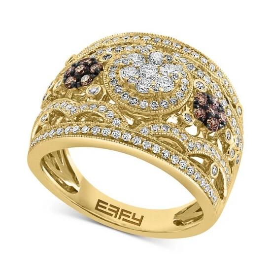 Discount 🤩 EFFY Collection EFFY® White Diamond (3/4 Ct. T.w.) & Espresso Diamond (1/5 Ct. T.w.) Flower Filigree Statement Ring In 14k Gold Yellow Gold ✨