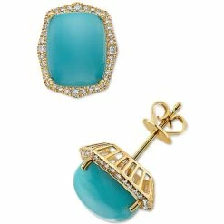 Cheap 🎁 EFFY Collection EFFY® Turquoise (10x8mm) & Diamond (1/4 Ct. T.w.) Stud Earrings In 14k Gold 14k Yellow Gold 😍