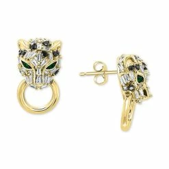 Hot Sale ⌛ EFFY Collection EFFY® Diamond (5/8 Ct. T.w.) & Emerald (1/10 Ct. T.w.) Signature Panther Doorknocker Drop Earrings In 14k Gold Yellow Gold 🎁