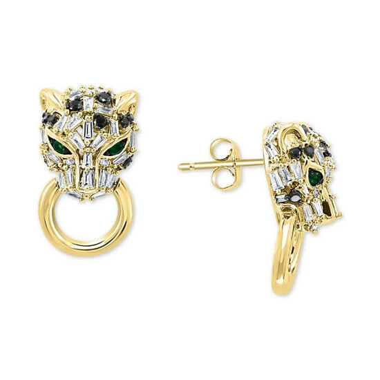 Hot Sale ⌛ EFFY Collection EFFY® Diamond (5/8 Ct. T.w.) & Emerald (1/10 Ct. T.w.) Signature Panther Doorknocker Drop Earrings In 14k Gold Yellow Gold 🎁