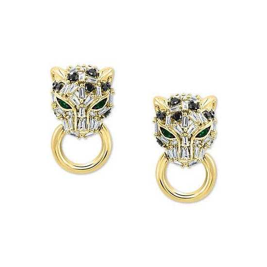 Hot Sale ⌛ EFFY Collection EFFY® Diamond (5/8 Ct. T.w.) & Emerald (1/10 Ct. T.w.) Signature Panther Doorknocker Drop Earrings In 14k Gold Yellow Gold 🎁 - Image 3