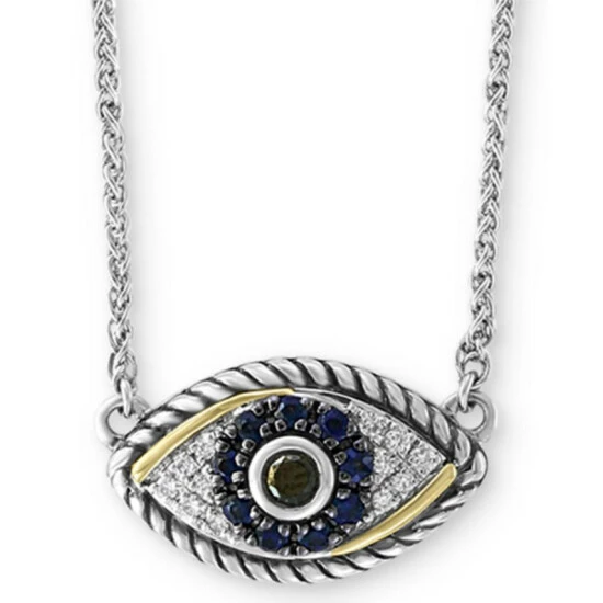 Hot Sale 🔔 EFFY Collection EFFY® Sapphire (1/6 Ct. T.w.) & Diamond (1/8 Ct. T.w.) Evil Eye 18 Pendant Necklace In Sterling Silver & 18k Yellow Gold 👏