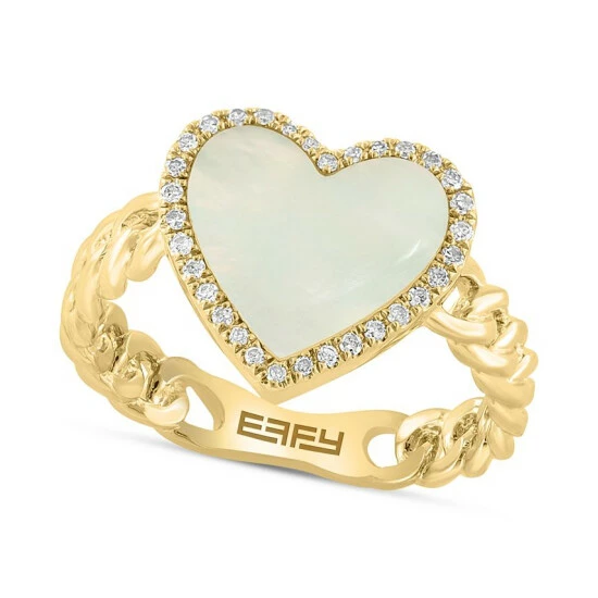 Cheapest 👏 EFFY Collection EFFY® 👩 Mother Of Pearl & Diamond (1/10 Ct. T.w.) Heart Halo Ring In 14k Gold-Plated Sterling Silver Gold Over Silver ⭐