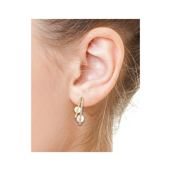 Promo ✔️ EFFY Collection EFFY® Cultured Freshwater Pearl (8mm) & Diamond (3/8 Ct. T.w.) Double Hoop Earrings In 14k Gold 14k Yellow Gold 🎁 - Image 2