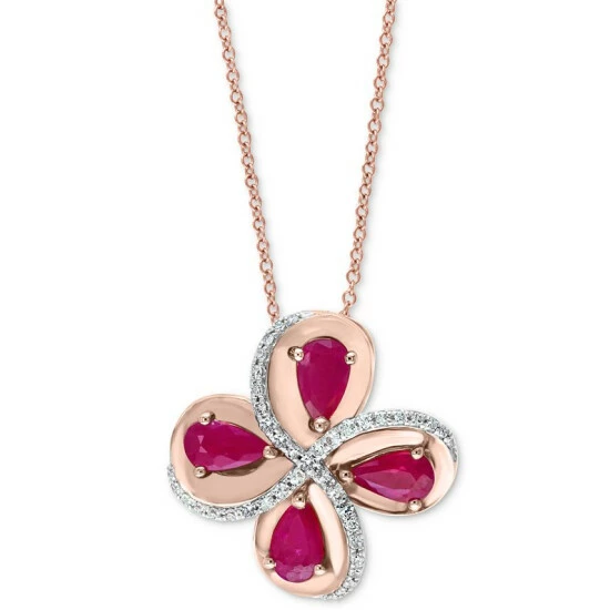 Flash Sale 👏 EFFY Collection EFFY® Ruby (7/8 Ct. T.w.) & Diamond (1/10 Ct. T.w.) Flower 18 Pendant Necklace In 14k Rose Gold Natural Ruby Pendant 🥰