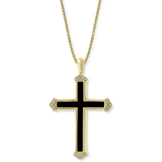 Top 10 👏 EFFY Collection EFFY® Men's Onyx & Diamond (1/10 Ct. T.w.) Cross 22 Pendant Necklace In 14k Gold Yellow Gold 👏
