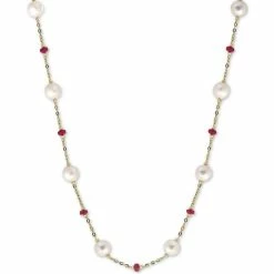 Cheap 🔔 EFFY Collection EFFY® Cultured Freshwater Pearl (8mm) & Ruby (3-1/3 Ct. T.w.) 18 Statement Necklace In 14k Gold (Also In Sapphire) 😉
