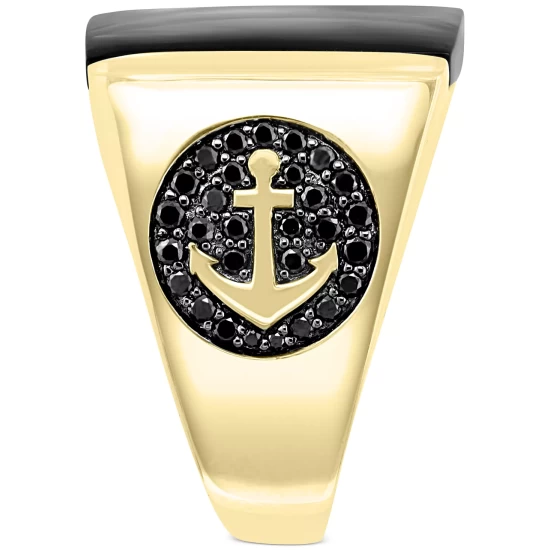 Hot Sale 😉 EFFY Collection EFFY® Men's Black Agate & Black Diamond (5/8 Ct. T.w.) Anchor Ring In 14k Gold 14k Yellow Gold ✨ - Image 5