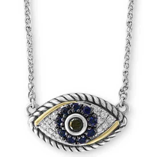 Hot Sale 🔔 EFFY Collection EFFY® Sapphire (1/6 Ct. T.w.) & Diamond (1/8 Ct. T.w.) Evil Eye 18 Pendant Necklace In Sterling Silver & 18k Yellow Gold 👏 - Image 2
