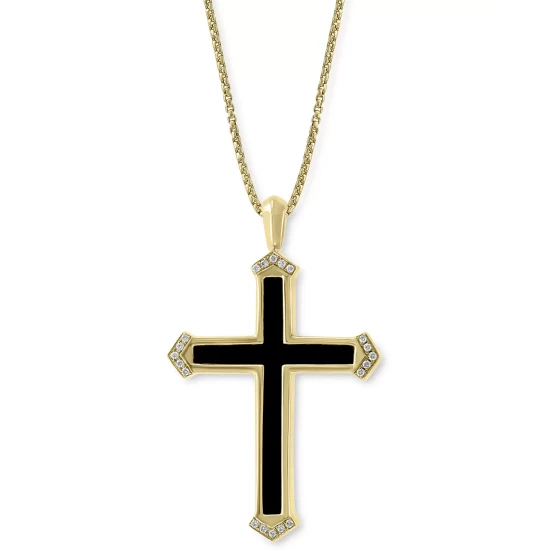 Top 10 👏 EFFY Collection EFFY® Men's Onyx & Diamond (1/10 Ct. T.w.) Cross 22 Pendant Necklace In 14k Gold Yellow Gold 👏 - Image 2